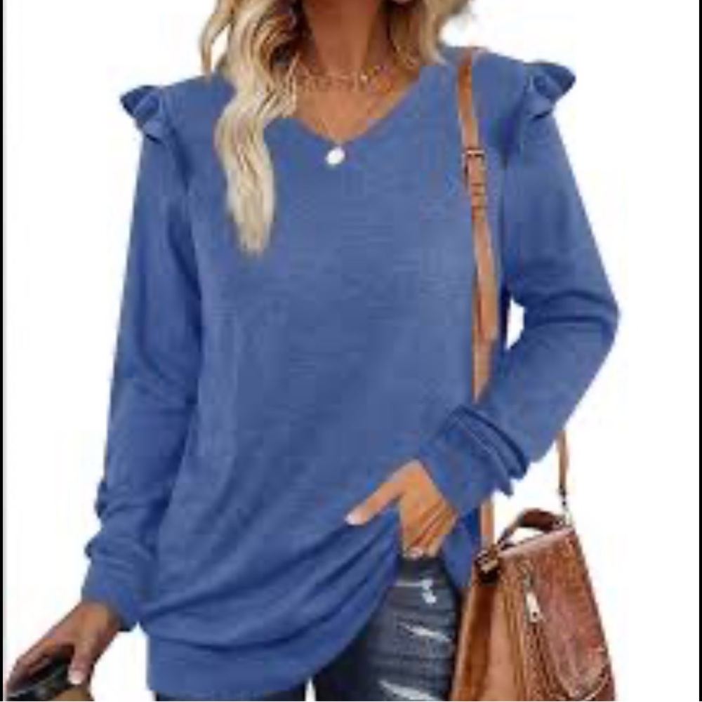 Michael Kors Blue Top Long Sleeve Ruffle Shoulder Shirt Size XL